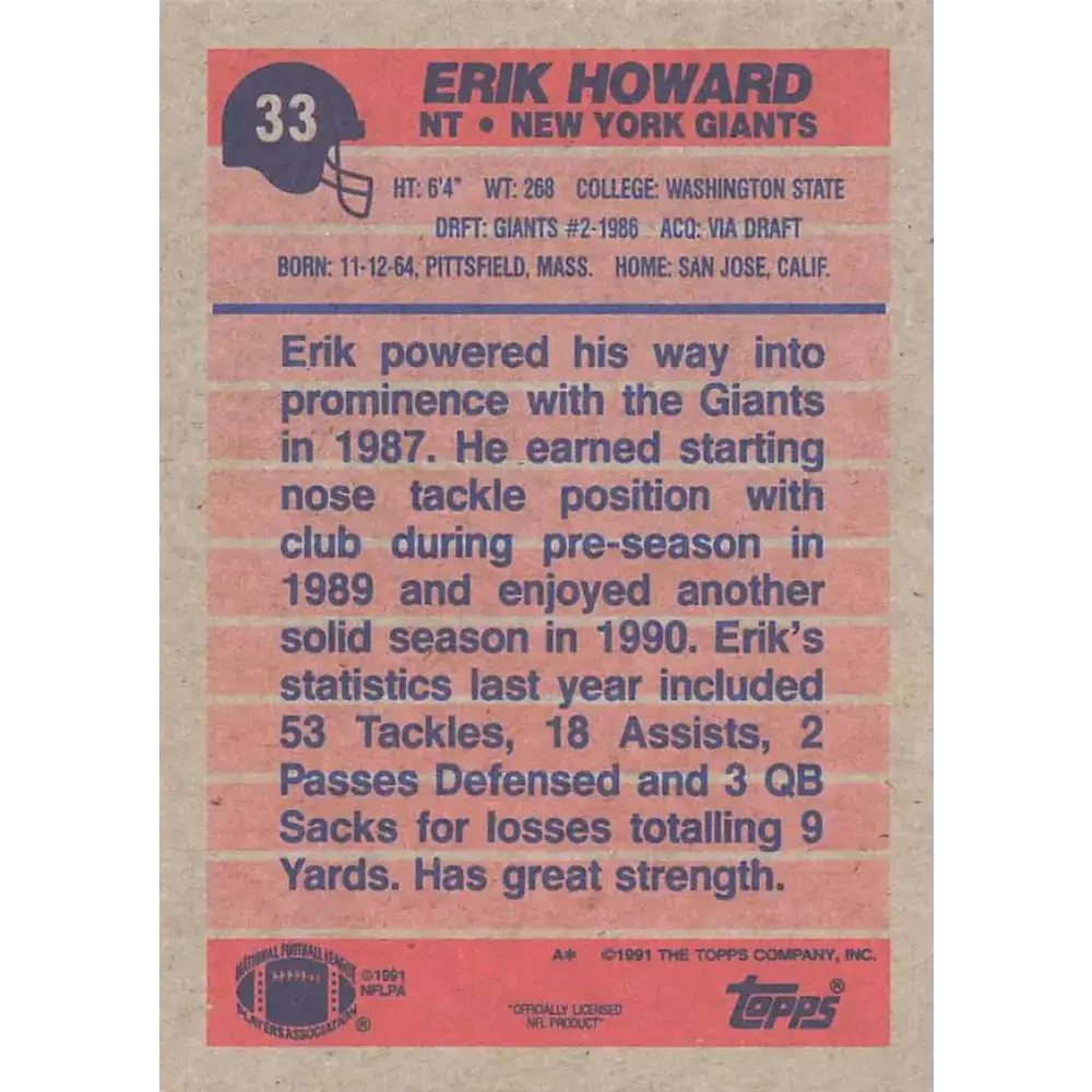 1991 Topps #33 Erik Howard NM-MT New York Giants Football Card - Football Card Single
