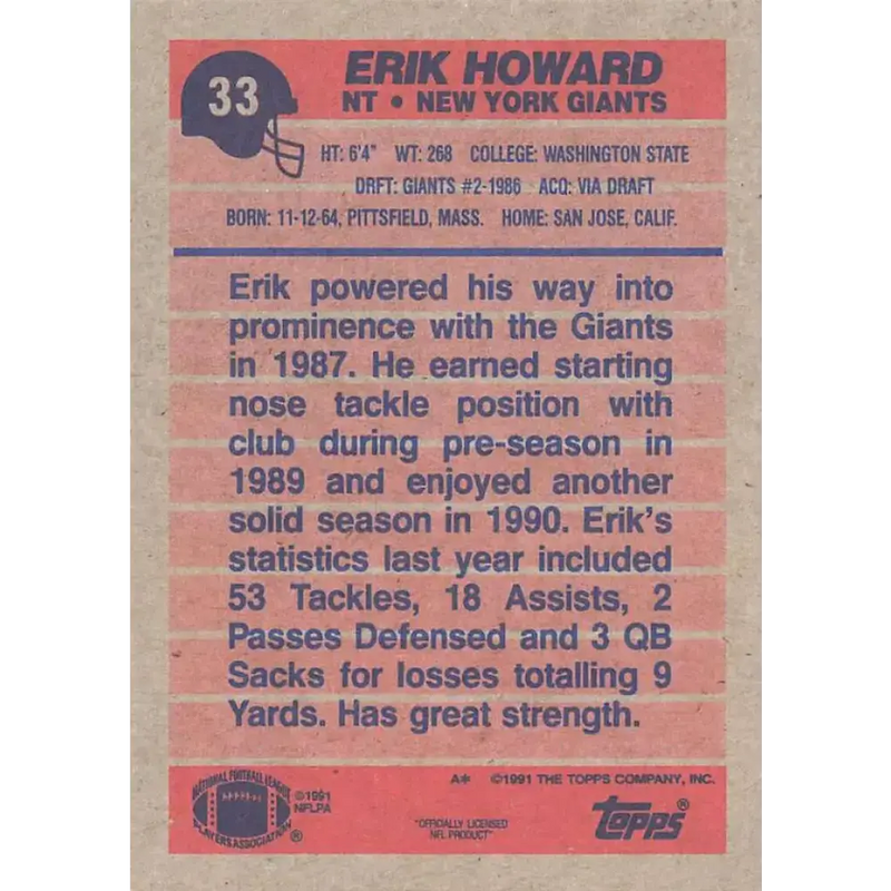 1991 Topps #33 Erik Howard NM-MT New York Giants Football Card - Football Card Single
