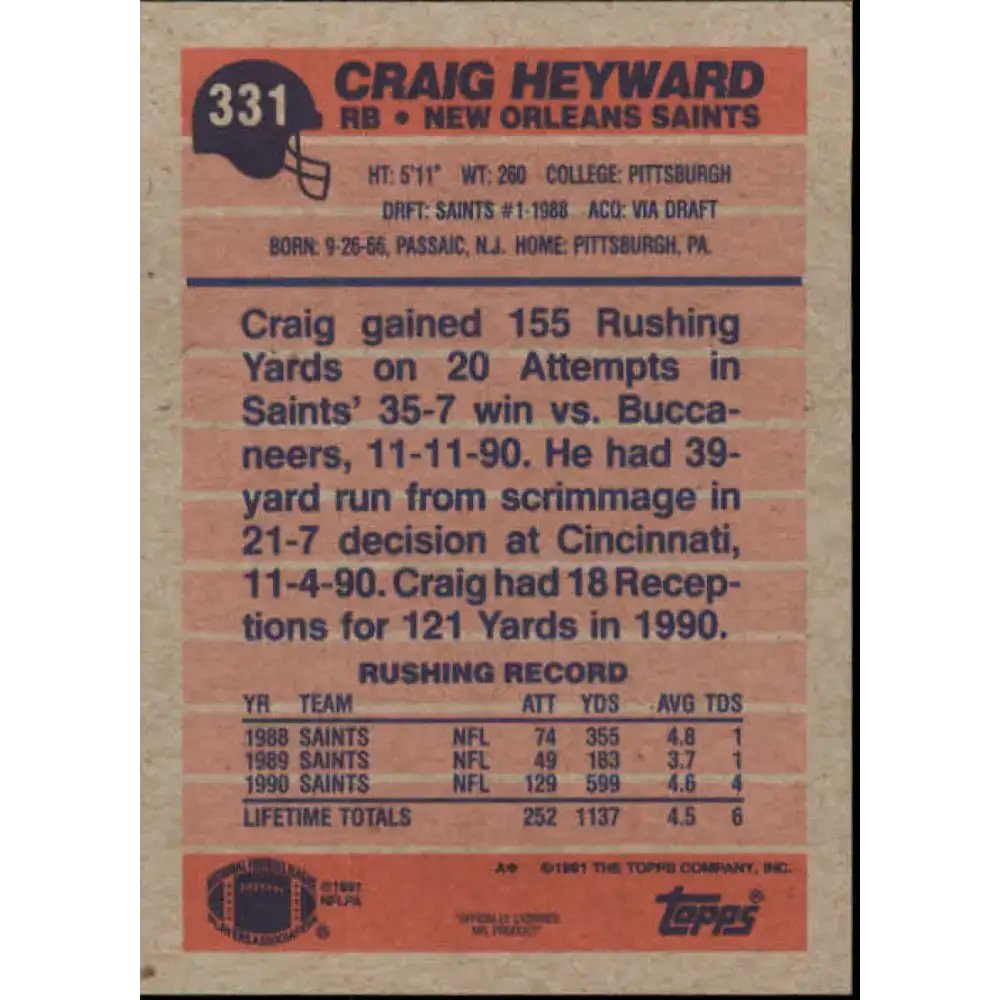 1991 Topps #331 Craig Heyward NM-MT New Orleans Saints Football Card - Football Card Single