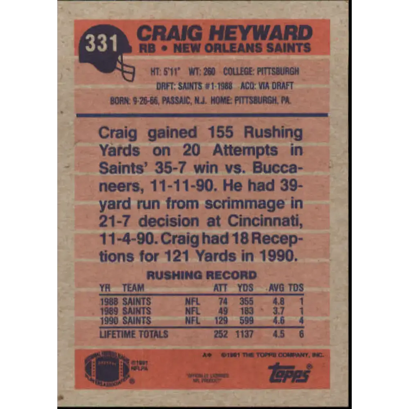 1991 Topps #331 Craig Heyward NM-MT New Orleans Saints Football Card - Football Card Single