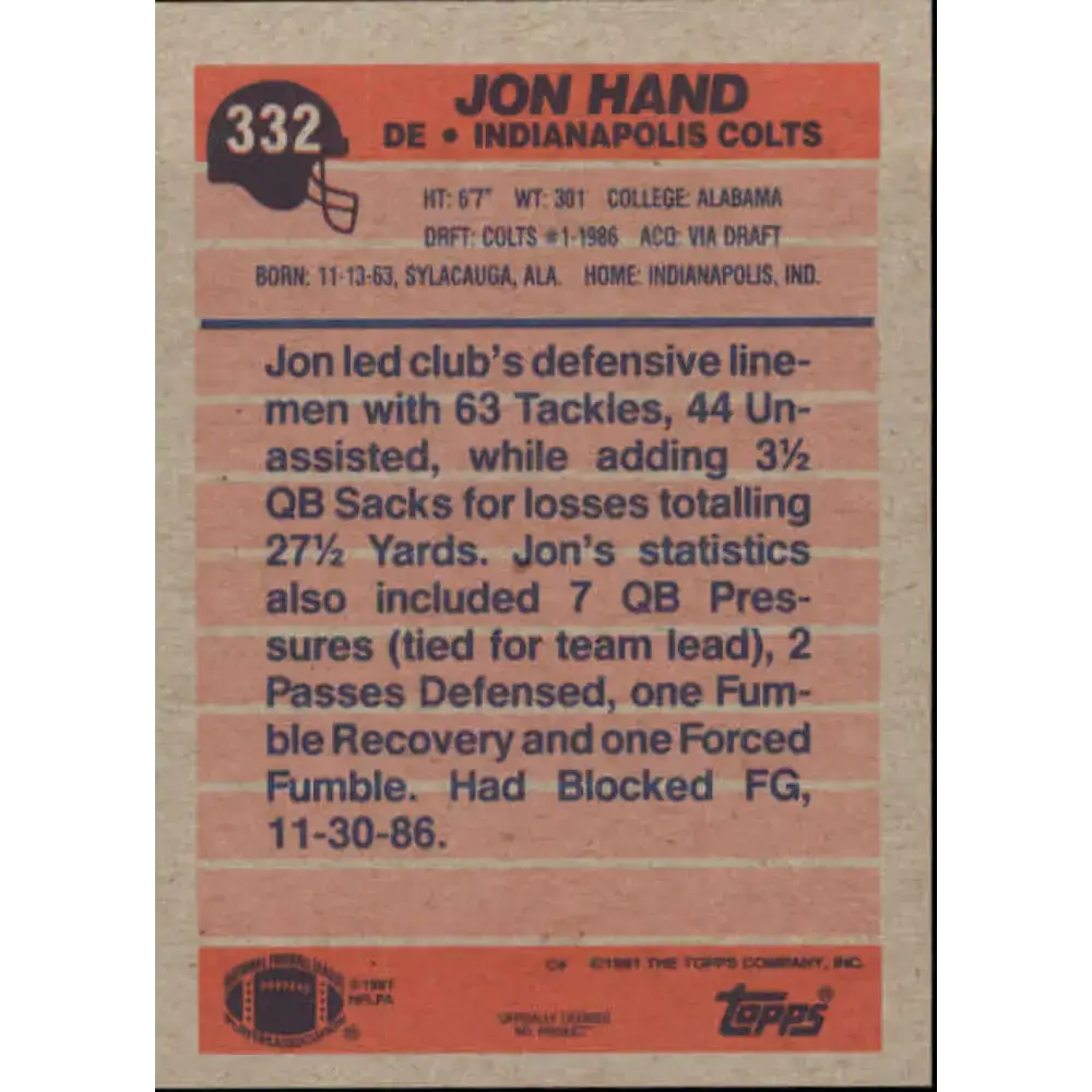 1991 Topps #332 Jon Hand NM-MT Indianapolis Colts Football Card - Football Card Single