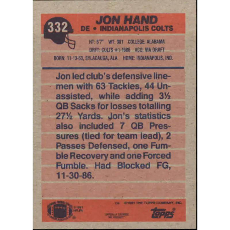 1991 Topps #332 Jon Hand NM-MT Indianapolis Colts Football Card - Football Card Single
