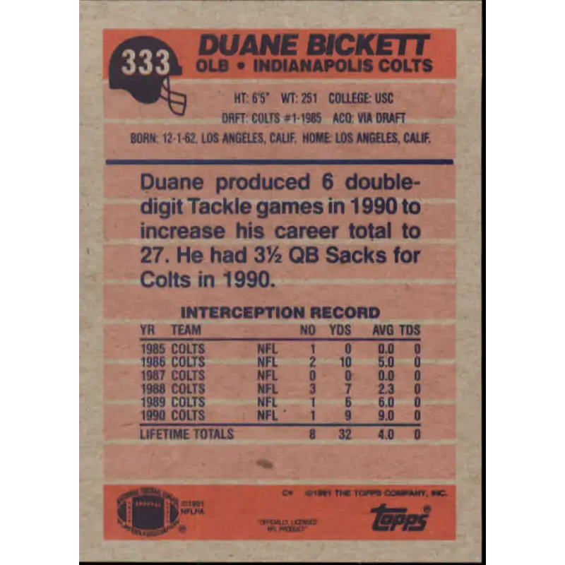 1991 Topps #333 Duane Bickett NM-MT Indianapolis Colts Football Card - Football Card Single