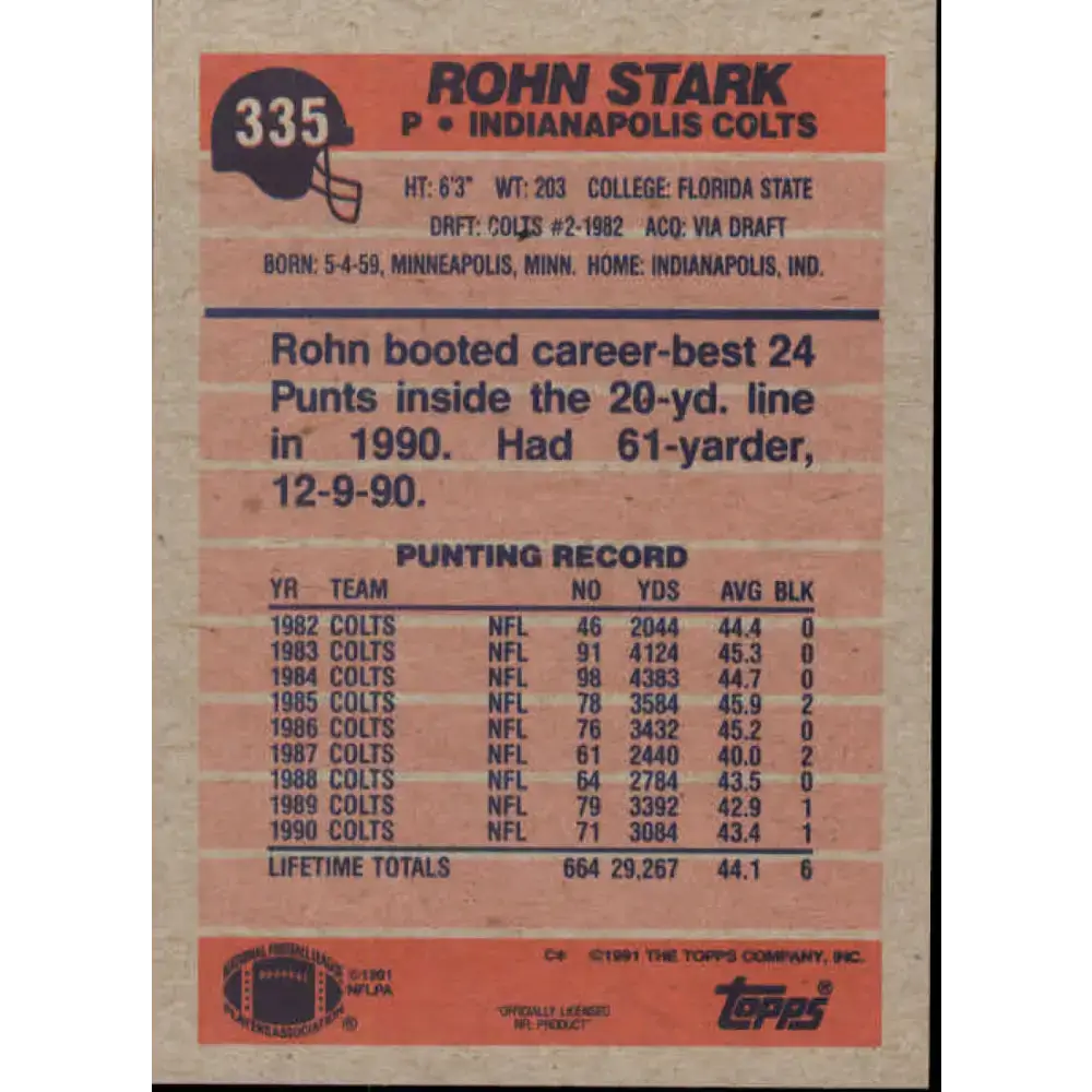 1991 Topps #335 Rohn Stark NM-MT Indianapolis Colts Football Card - Football Card Single