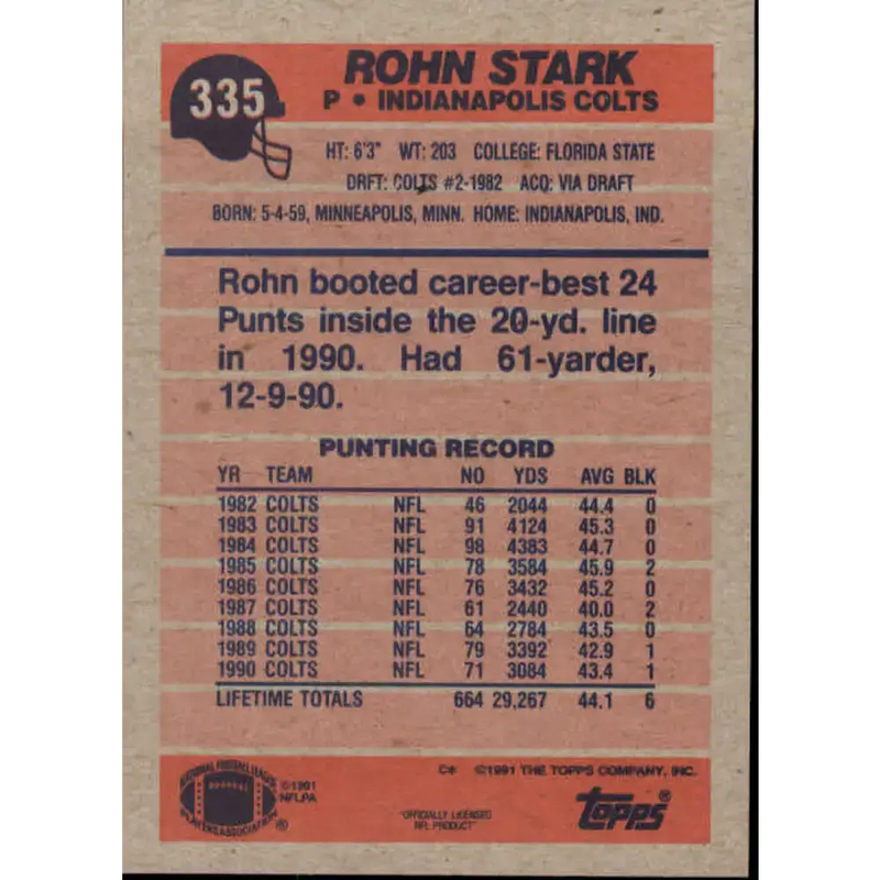 1991 Topps #335 Rohn Stark NM-MT Indianapolis Colts Football Card - Football Card Single