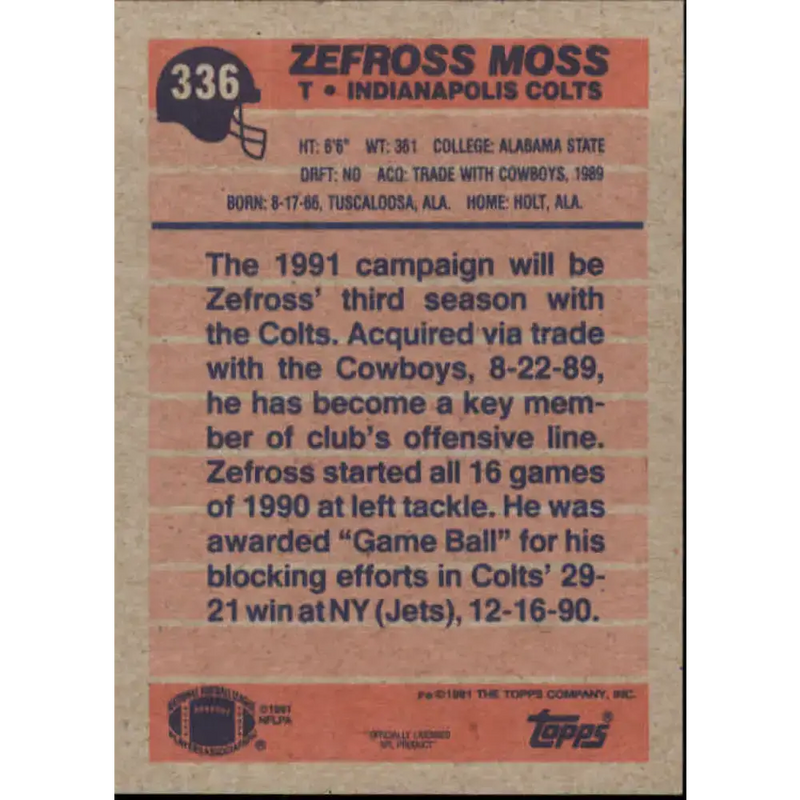 1991 Topps #336 Zefross Moss NM-MT Indianapolis Colts Football Card - Football Card Single