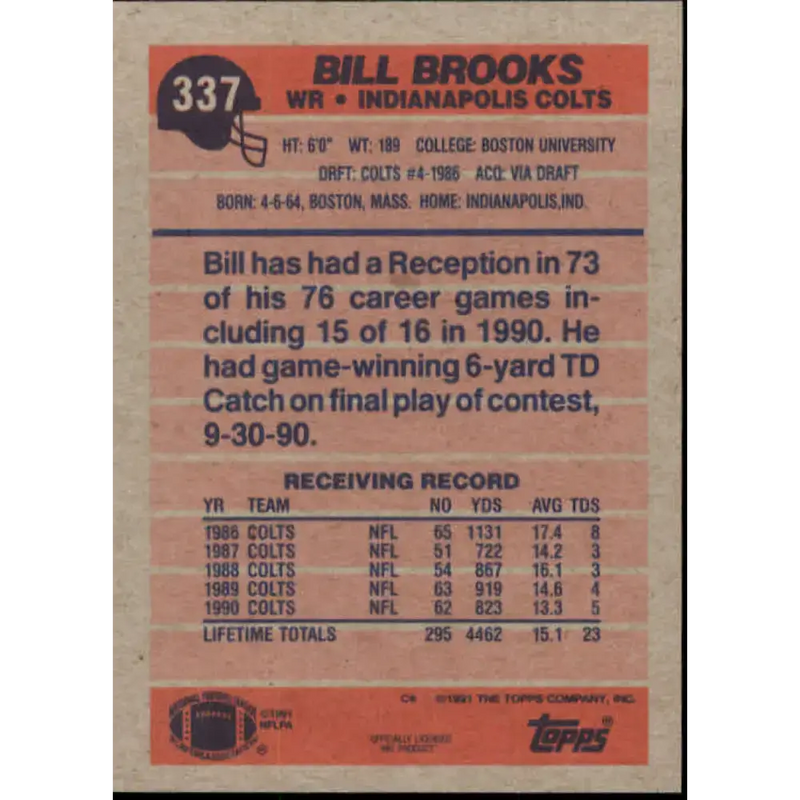 1991 Topps #337 Bill Brooks NM-MT Indianapolis Colts Football Card - Football Card Single