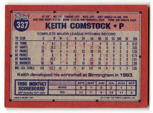 Original gloss 1991 Topps Keith Comstock Seattle Mariners baseball card 337a