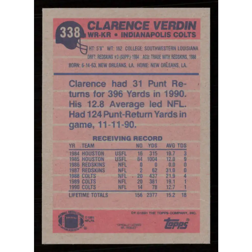 1991 Topps #338 Clarence Verdin NM-MT Indianapolis Colts Football Card - Football Card Single