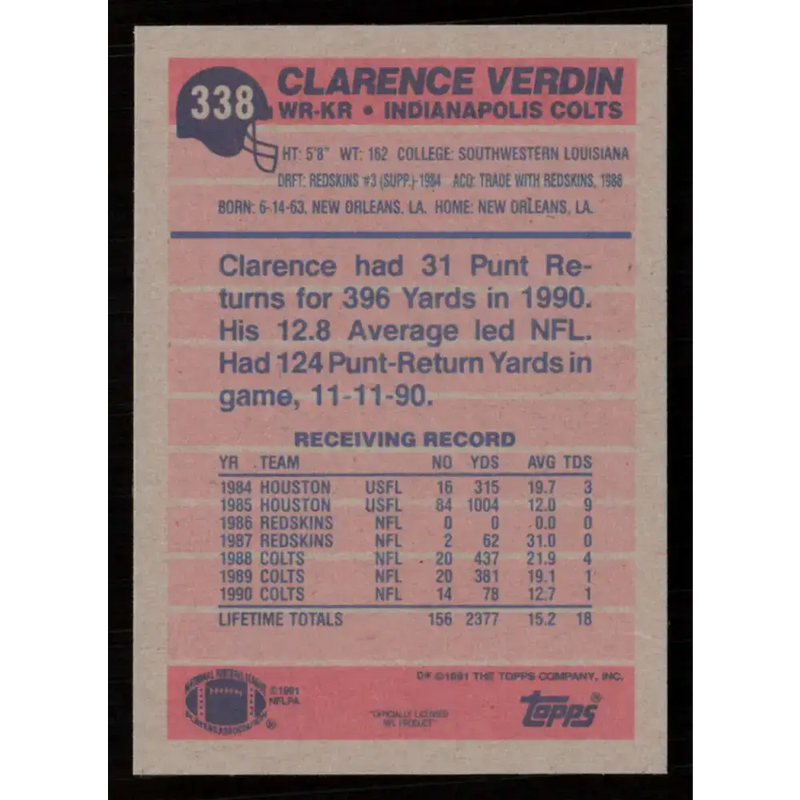 1991 Topps #338 Clarence Verdin NM-MT Indianapolis Colts Football Card - Football Card Single