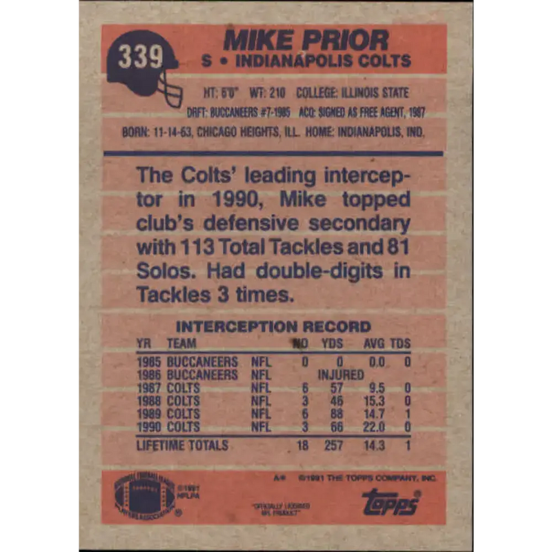 1991 Topps #339 Mike Prior NM-MT Indianapolis Colts Football Card - Football Card Single