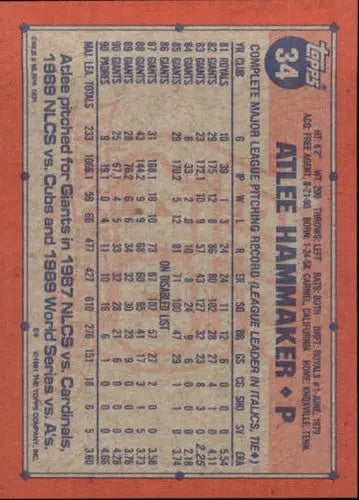 1991 Topps #34 Atlee Hammaker NrMt-Mt Padres - Baseball Card Single