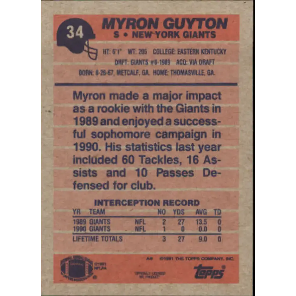 1991 Topps #34 Myron Guyton NM-MT New York Giants Football Card - Football Card Single