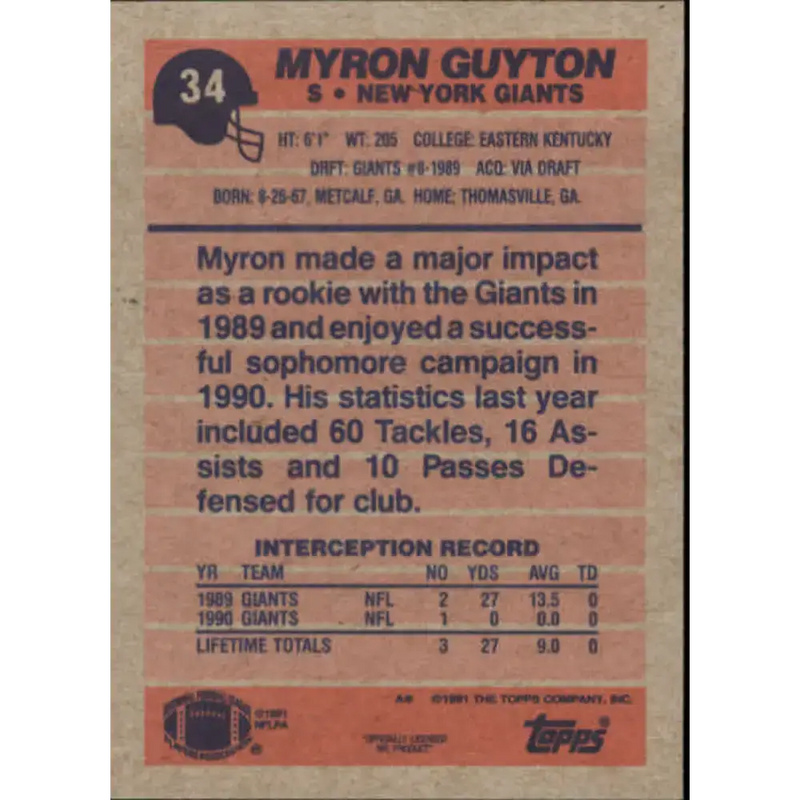 1991 Topps #34 Myron Guyton NM-MT New York Giants Football Card - Football Card Single
