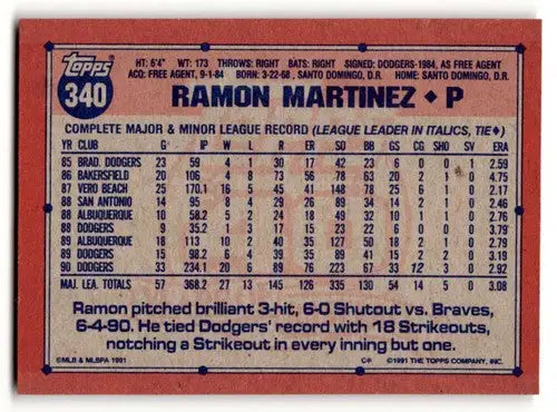 1991 Topps #340 Ramon Martinez Los Angeles Dodgers Baseball Cards ID:53070 - Baseball Card Single