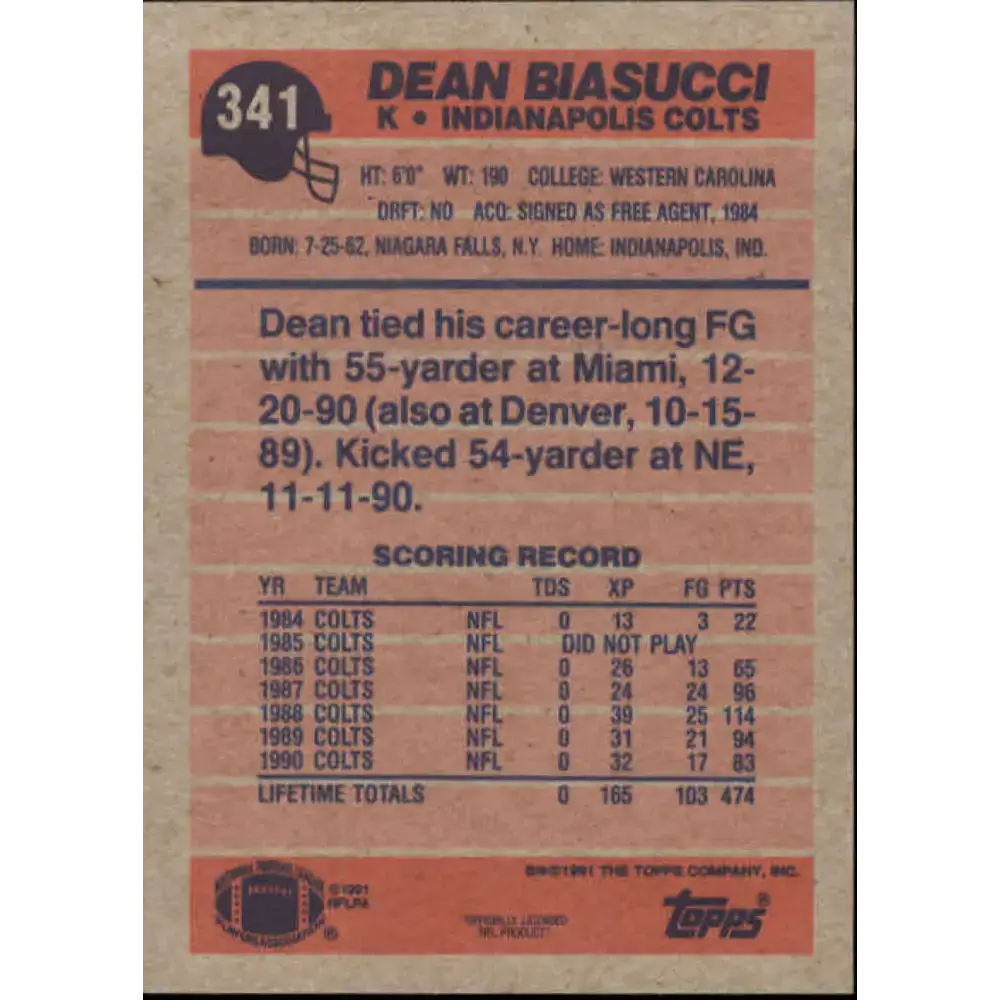 1991 Topps #341 Dean Biasucci NM-MT Indianapolis Colts Football Card - Football Card Single