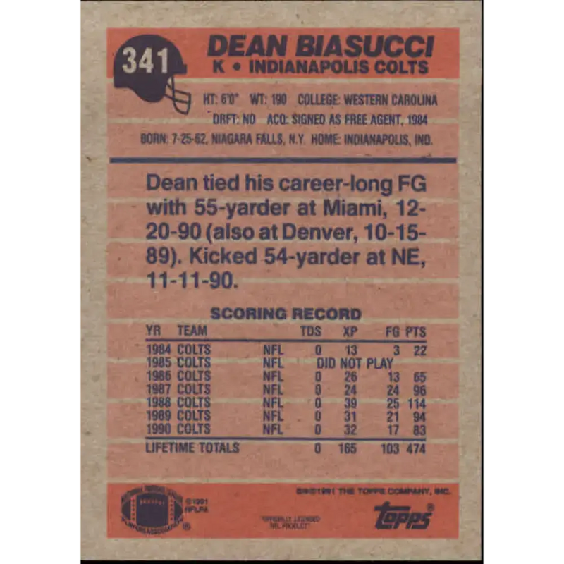 1991 Topps #341 Dean Biasucci NM-MT Indianapolis Colts Football Card - Football Card Single