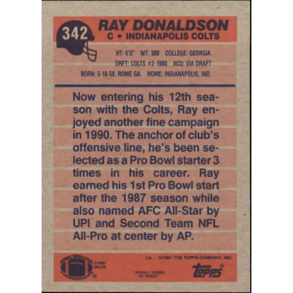 1991 Topps #342 Ray Donaldson NM-MT Indianapolis Colts Football Card - Football Card Single