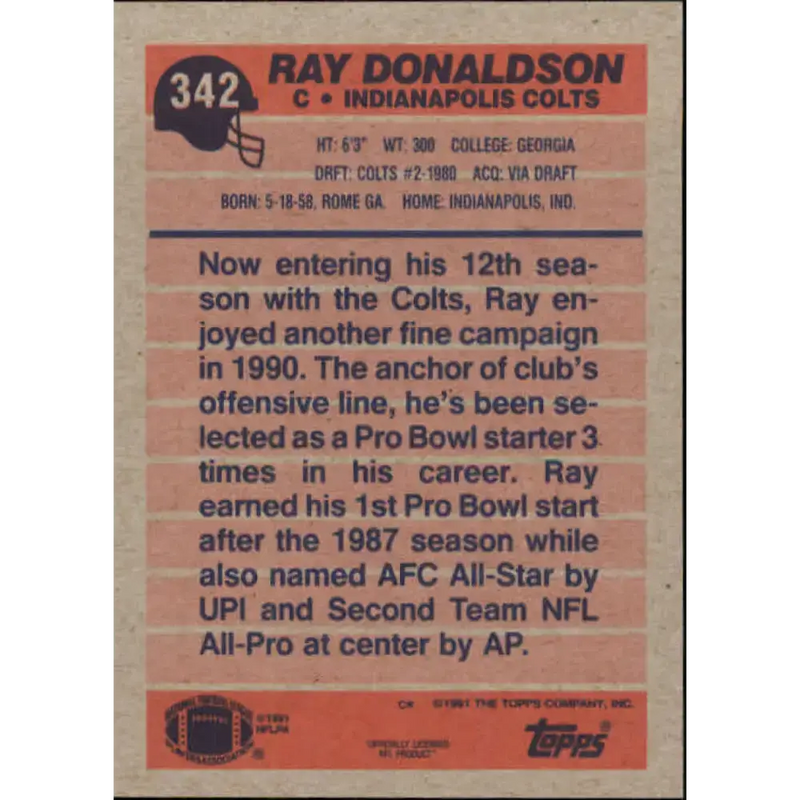 1991 Topps #342 Ray Donaldson NM-MT Indianapolis Colts Football Card - Football Card Single