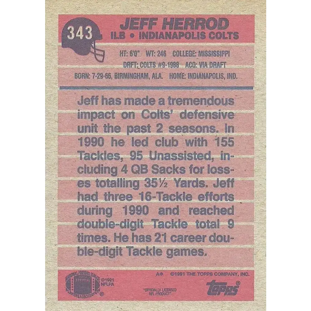 1991 Topps #343 Jeff Herrod NM-MT Indianapolis Colts Football Card - Football Card Single