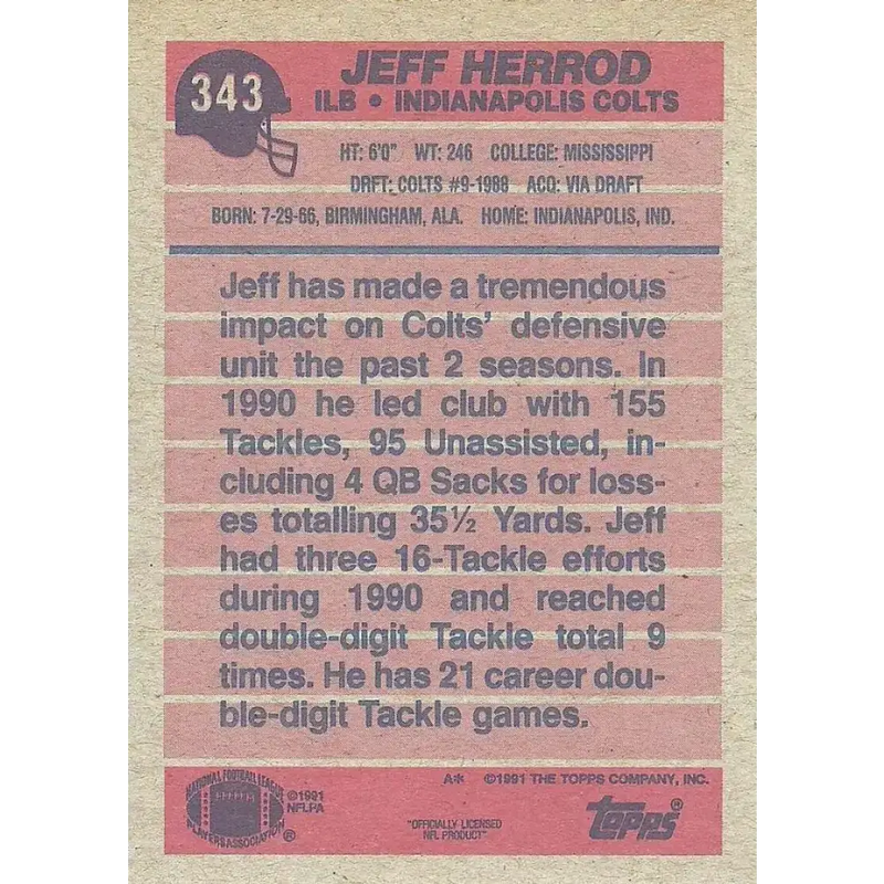 1991 Topps #343 Jeff Herrod NM-MT Indianapolis Colts Football Card - Football Card Single