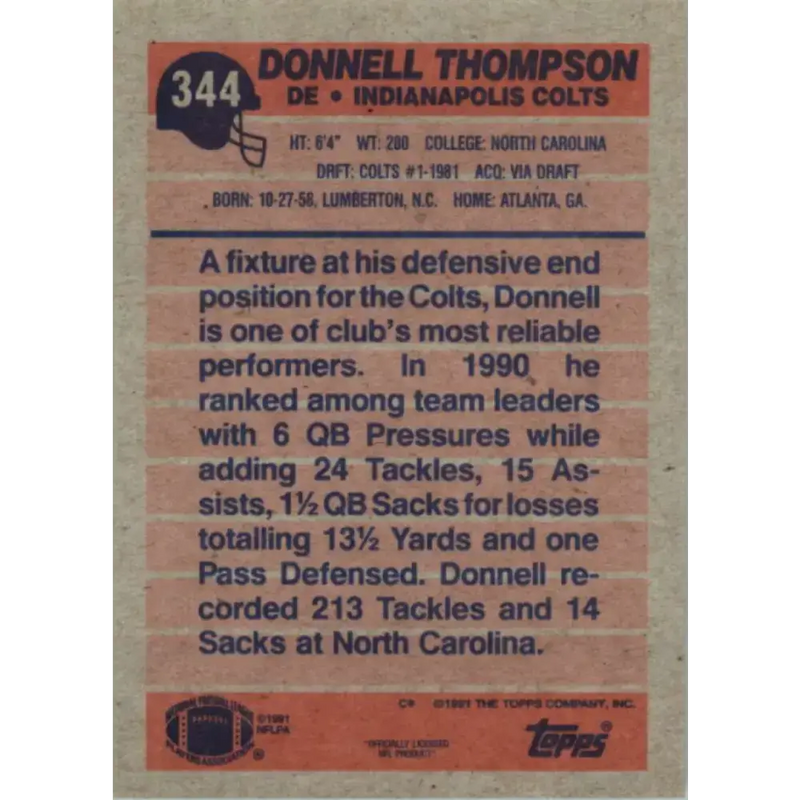 1991 Topps #344 Donnell Thompson NM-MT Indianapolis Colts Football Card - Football Card Single