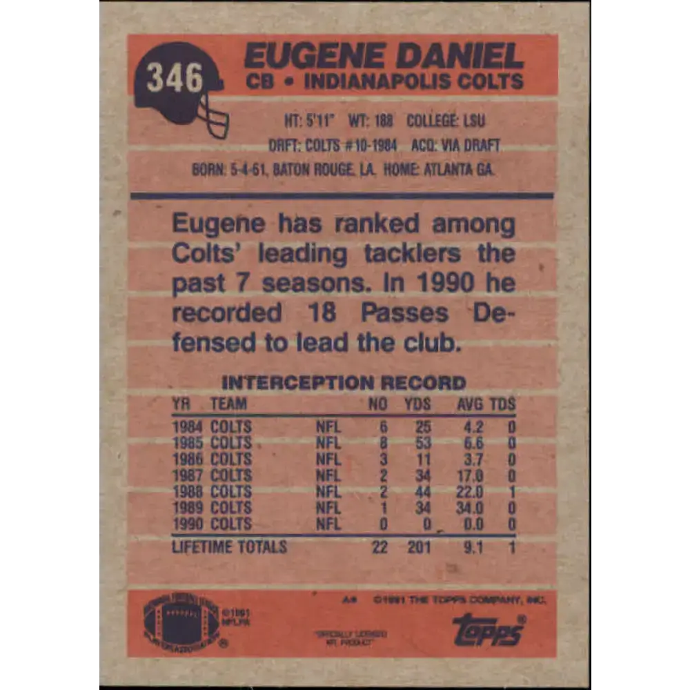 1991 Topps #346 Eugene Daniel NM-MT Indianapolis Colts Football Card - Football Card Single