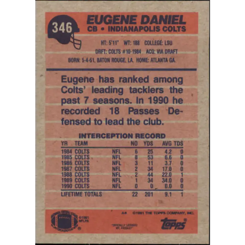 1991 Topps #346 Eugene Daniel NM-MT Indianapolis Colts Football Card - Football Card Single