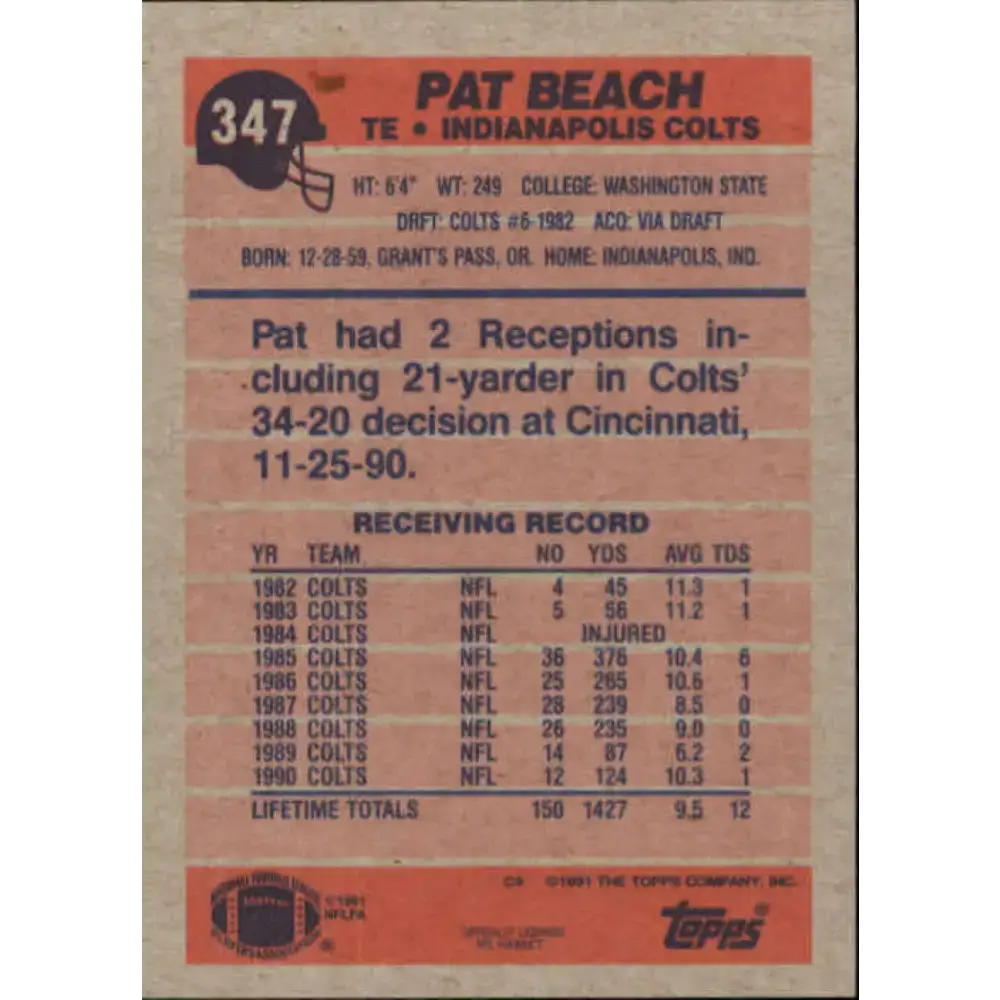 1991 Topps #347 Pat Beach NM-MT Indianapolis Colts Football Card - Football Card Single