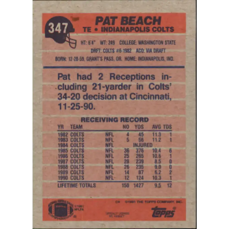 1991 Topps #347 Pat Beach NM-MT Indianapolis Colts Football Card - Football Card Single
