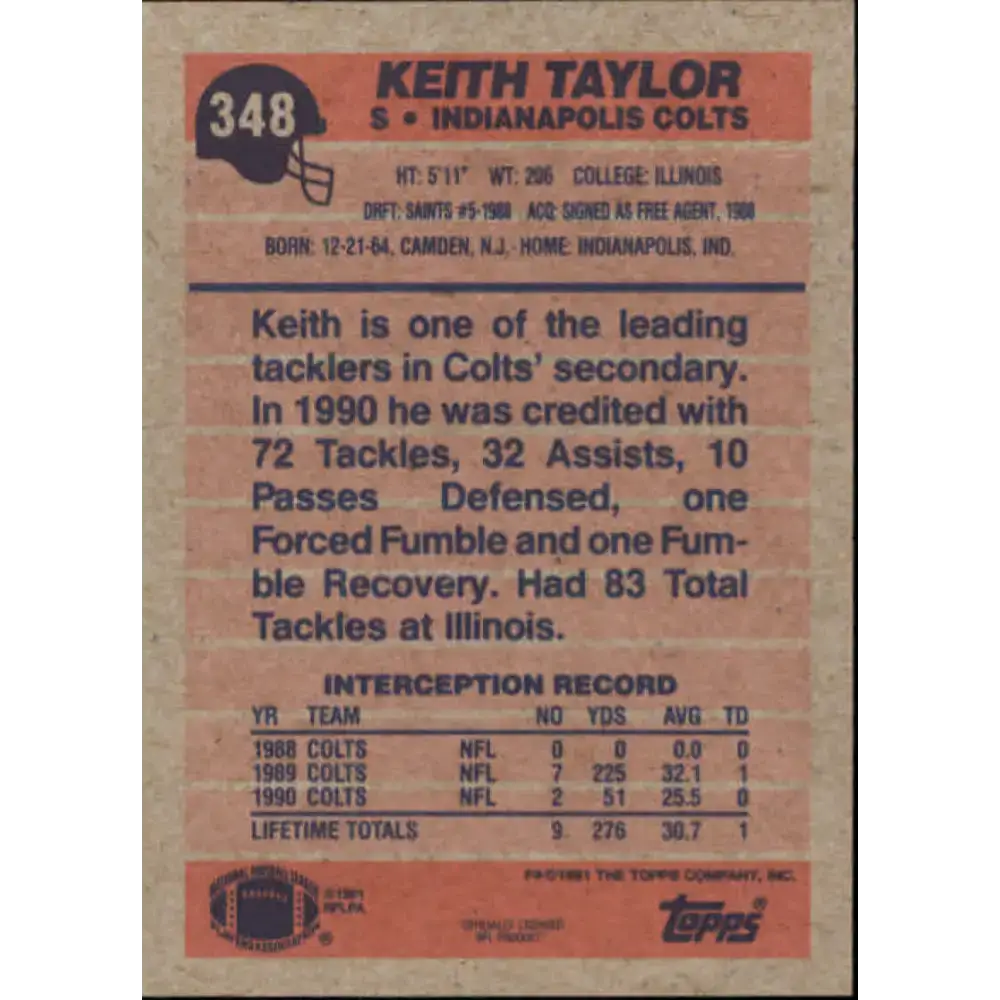 1991 Topps #348 Keith Taylor NM-MT Indianapolis Colts Football Card - Football Card Single