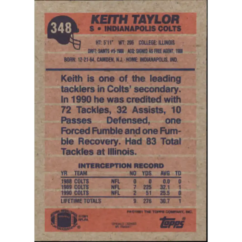1991 Topps #348 Keith Taylor NM-MT Indianapolis Colts Football Card - Football Card Single