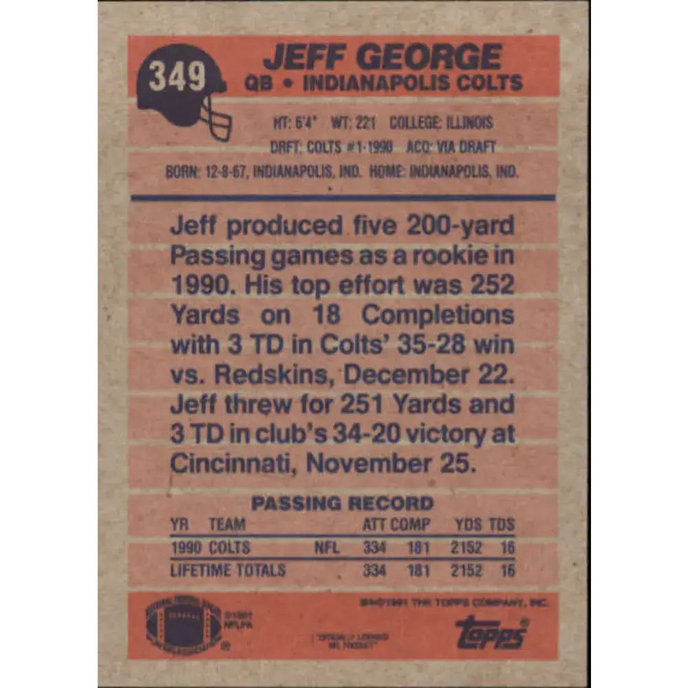 1991 Topps #349 Jeff George NM-MT RC Rookie Indianapolis Colts Football Card