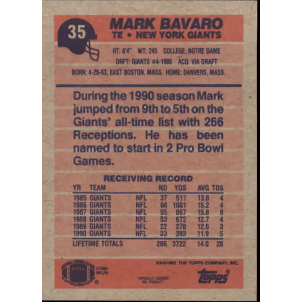 1991 Topps #35 Mark Bavaro NM-MT New York Giants Football Card - Football Card Single