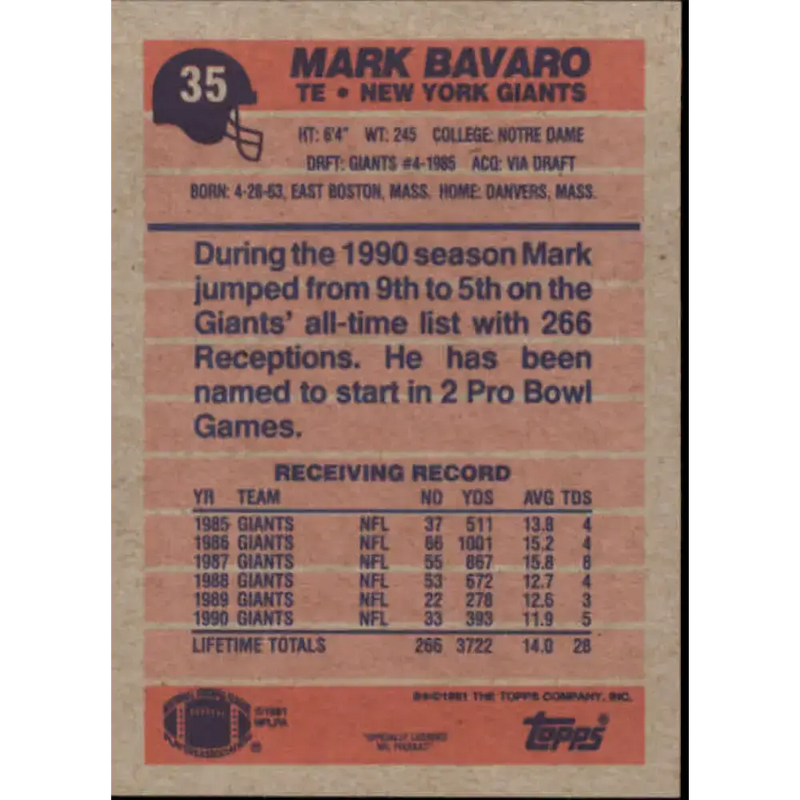 1991 Topps #35 Mark Bavaro NM-MT New York Giants Football Card - Football Card Single