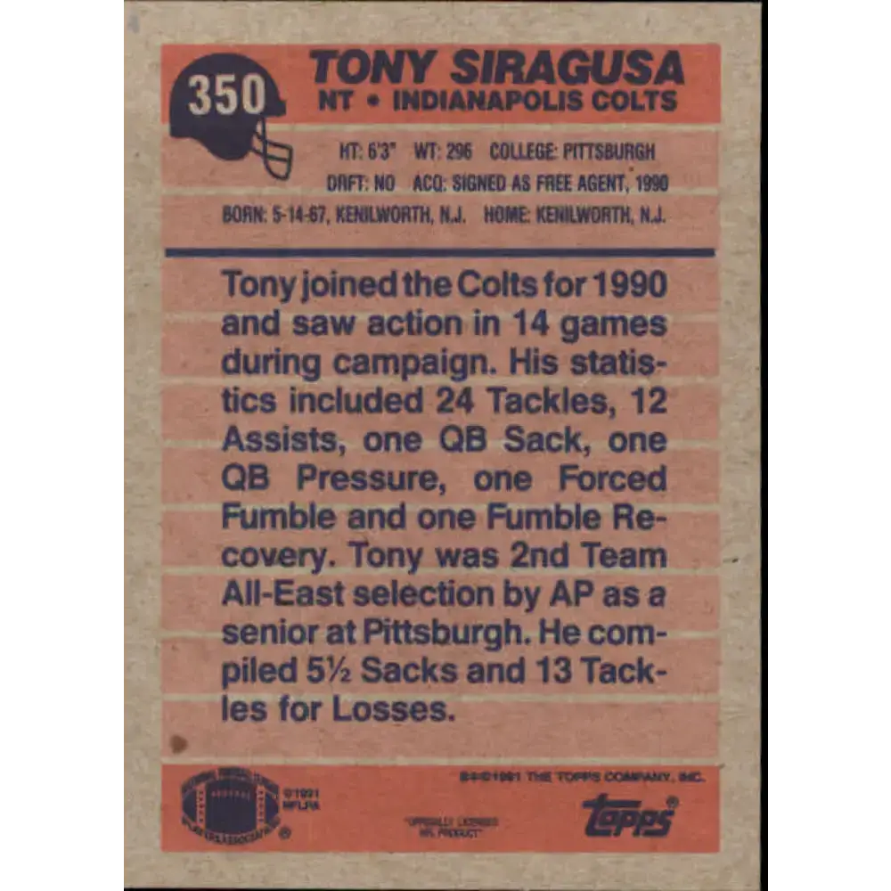 1991 Topps #350 Tony Siragusa NM-MT RC Rookie Indianapolis Colts Football Card - Football Card Single
