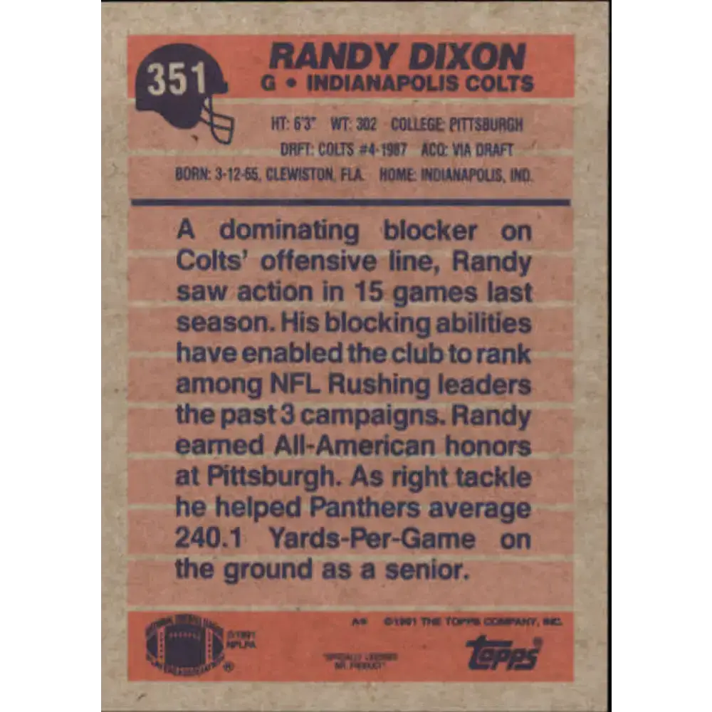 1991 Topps #351 Randy Dixon NM-MT Indianapolis Colts Football Card - Football Card Single