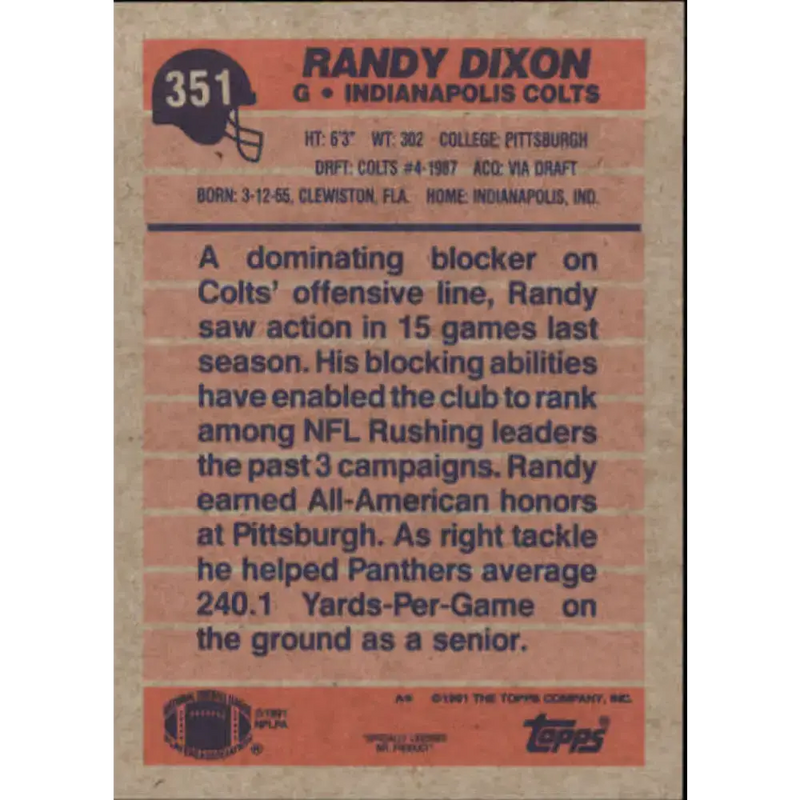 1991 Topps #351 Randy Dixon NM-MT Indianapolis Colts Football Card - Football Card Single