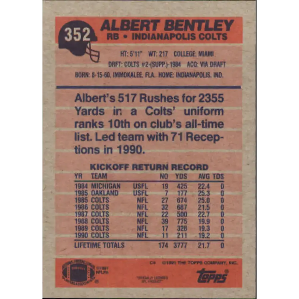 1991 Topps #352 Albert Bentley NM-MT Indianapolis Colts Football Card - Football Card Single