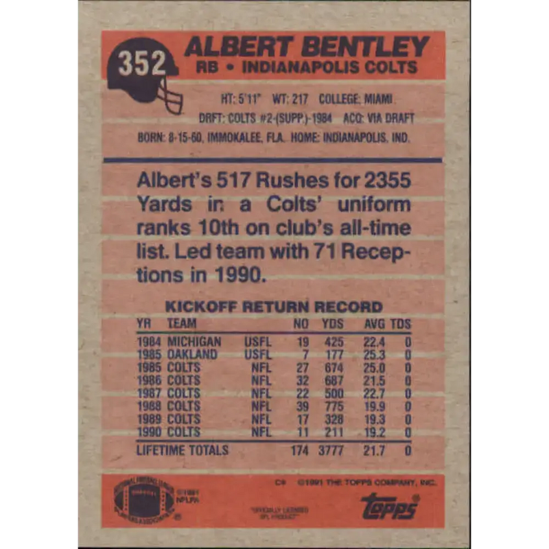 1991 Topps #352 Albert Bentley NM-MT Indianapolis Colts Football Card - Football Card Single