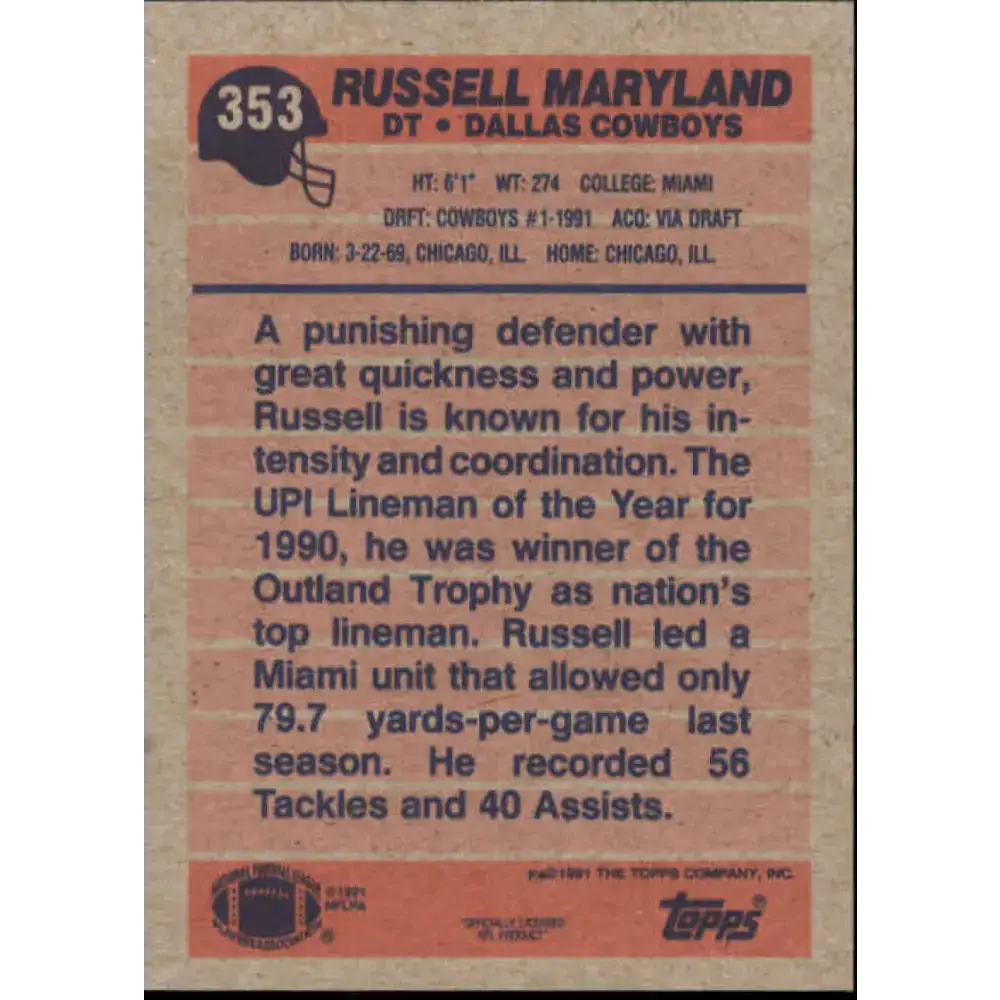 1991 Topps #353 Russell Maryland NM-MT RC Rookie Dallas Cowboys Football Card - Football Card Single