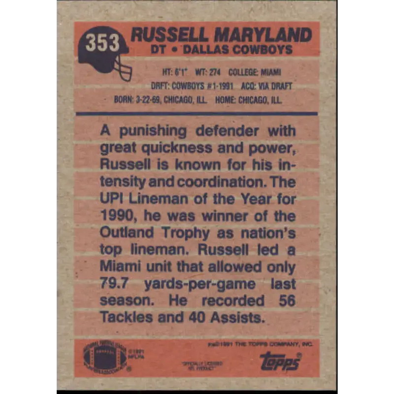 1991 Topps #353 Russell Maryland NM-MT RC Rookie Dallas Cowboys Football Card - Football Card Single