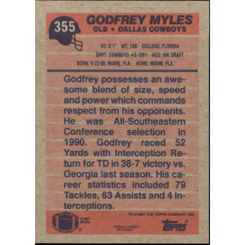 1991 Topps #355 Godfrey Myles NM-MT RC Rookie Dallas Cowboys Football Card - Football Card Single