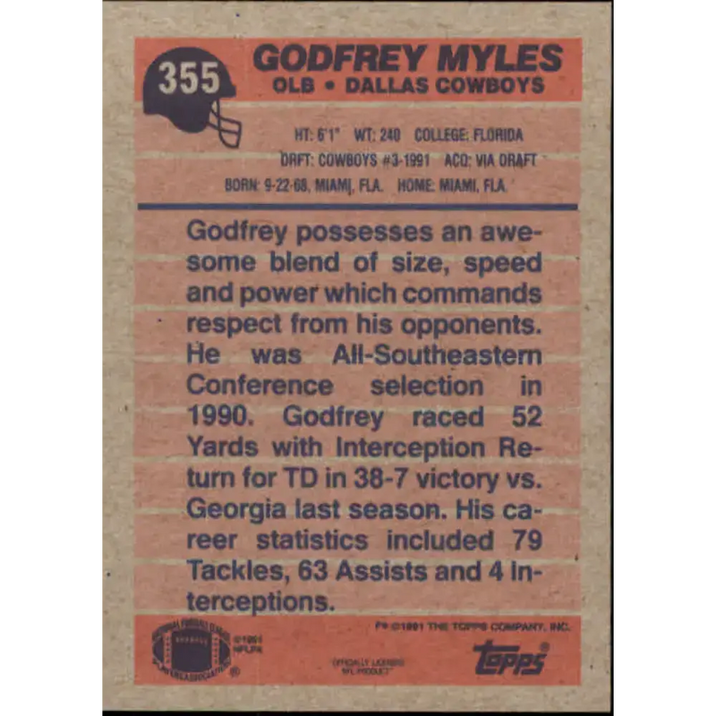 1991 Topps #355 Godfrey Myles NM-MT RC Rookie Dallas Cowboys Football Card - Football Card Single