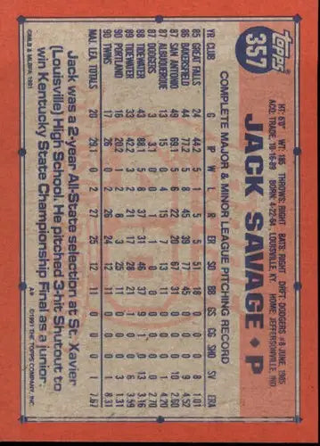 1991 Topps #357 Jack Savage NM-MT Twins - Baseball Card Single