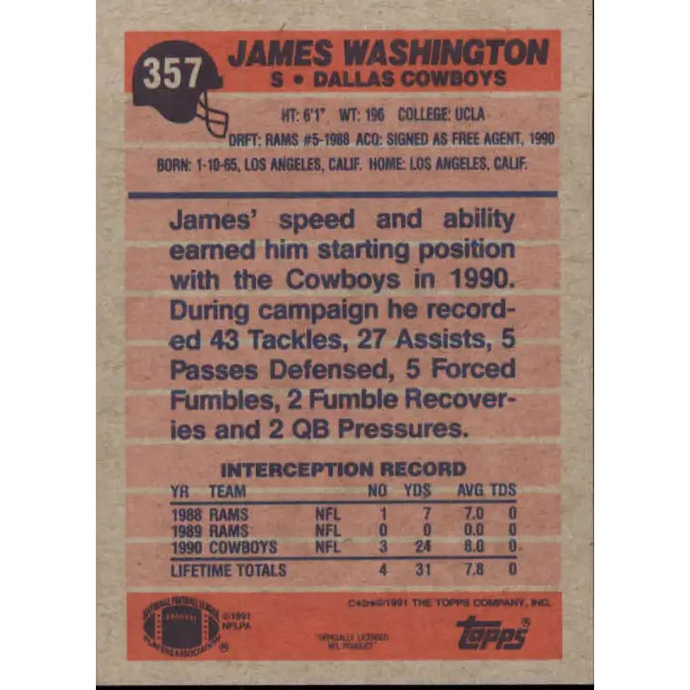 1991 Topps #357 James Washington NM-MT RC Rookie Dallas Cowboys Football Card - Football Card Single
