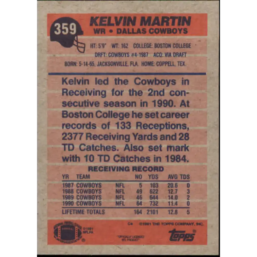 1991 Topps #359 Kelvin Martin NM-MT Dallas Cowboys Football Card - Football Card Single