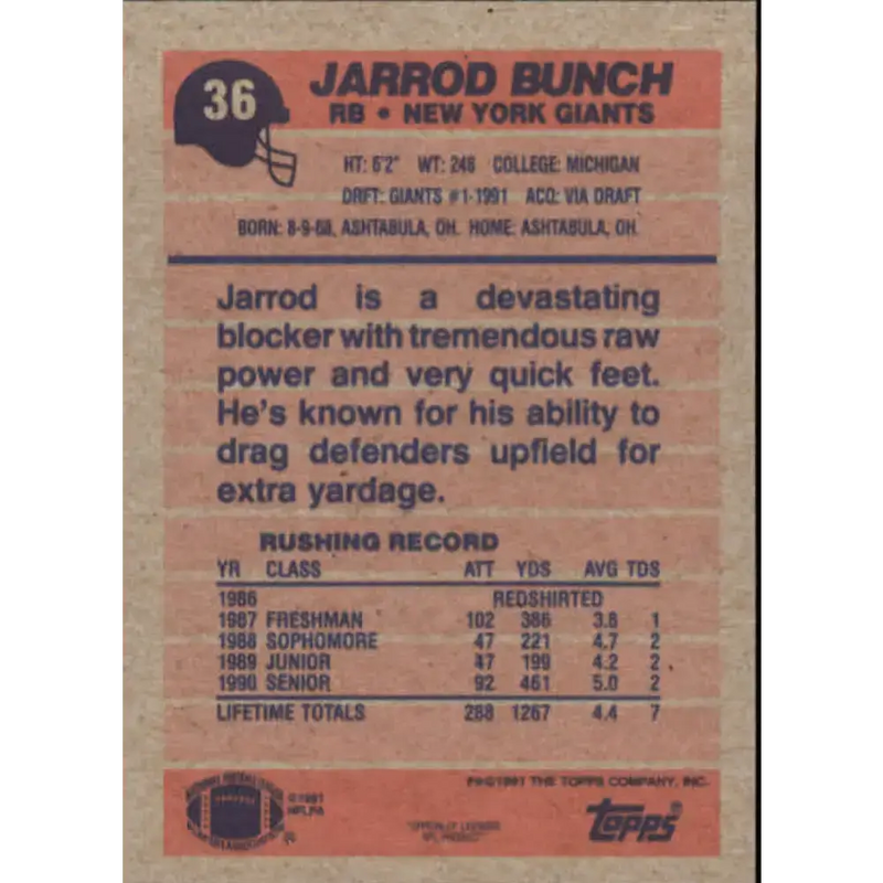 1991 Topps #36 Jarrod Bunch NM-MT RC Rookie New York Giants Football Card - Football Card Single