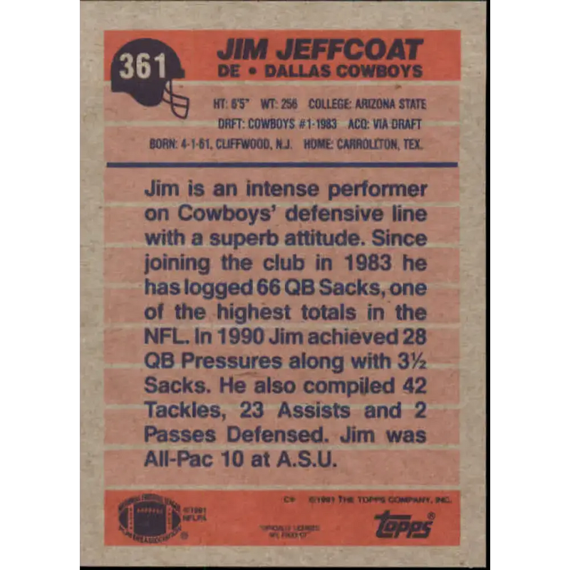 1991 Topps #361 Jim Jeffcoat NM-MT Dallas Cowboys Football Card - Football Card Single