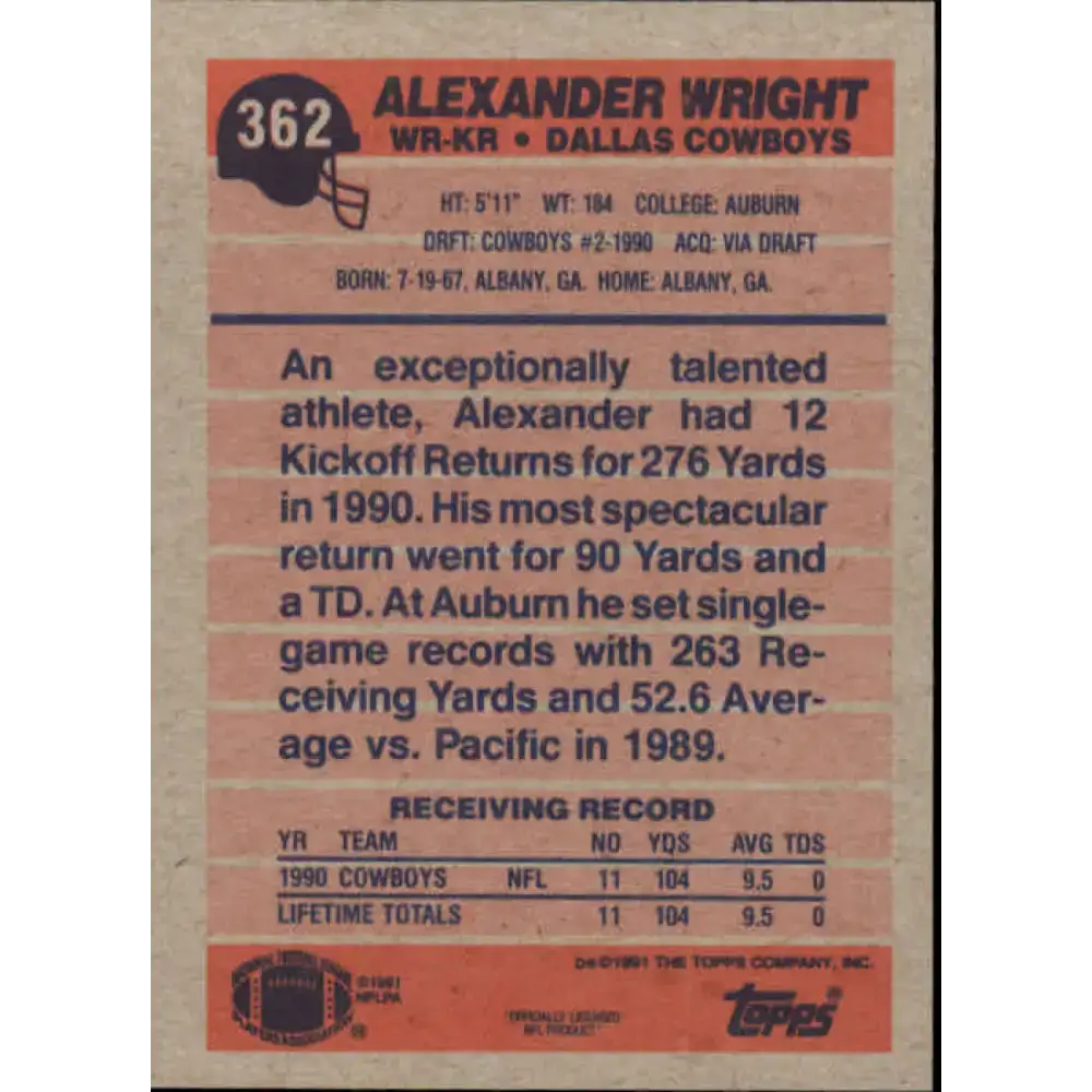 1991 Topps #362 Alexander Wright NM-MT Dallas Cowboys Football Card - Football Card Single